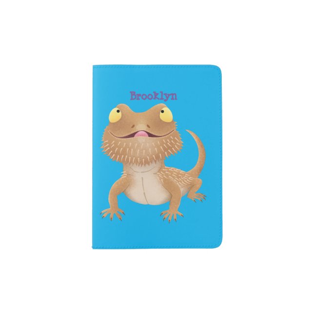 Cute happy bearded dragon lizard cartoon passport holder (Front)