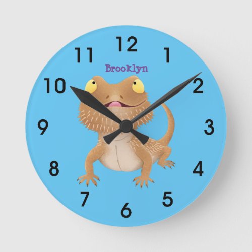 Cute happy bearded dragon lizard cartoon round clock