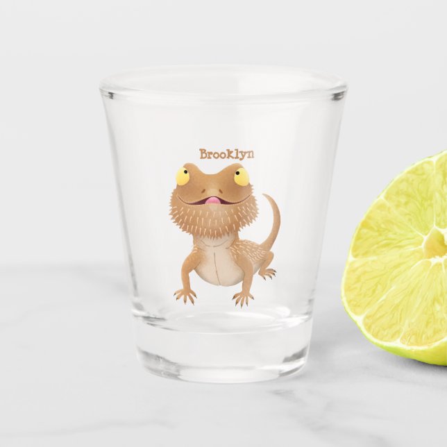 Cute happy bearded dragon lizard cartoon shot glass (Front)