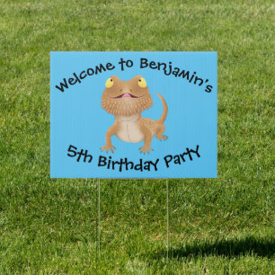 Cute happy bearded dragon lizard cartoon sign