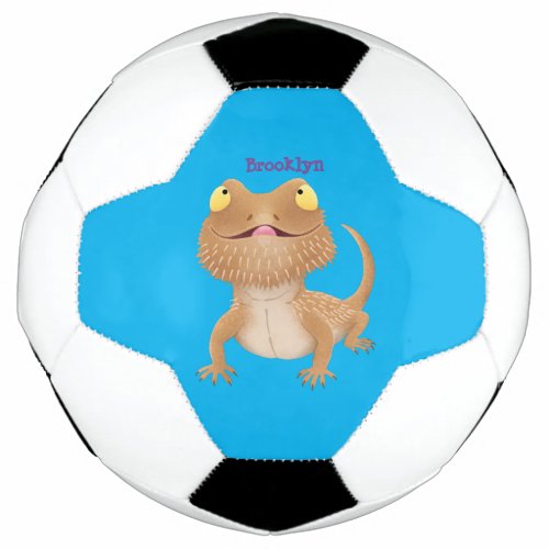 Cute happy bearded dragon lizard cartoon soccer ball