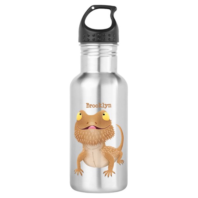 Cute happy bearded dragon lizard cartoon  stainless steel water bottle (Front)