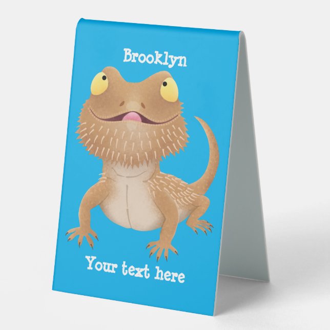 Cute happy bearded dragon lizard cartoon table tent (Front)