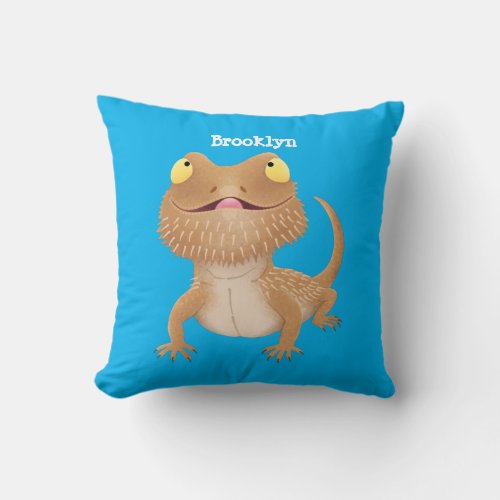 Cute happy bearded dragon lizard cartoon  throw pillow
