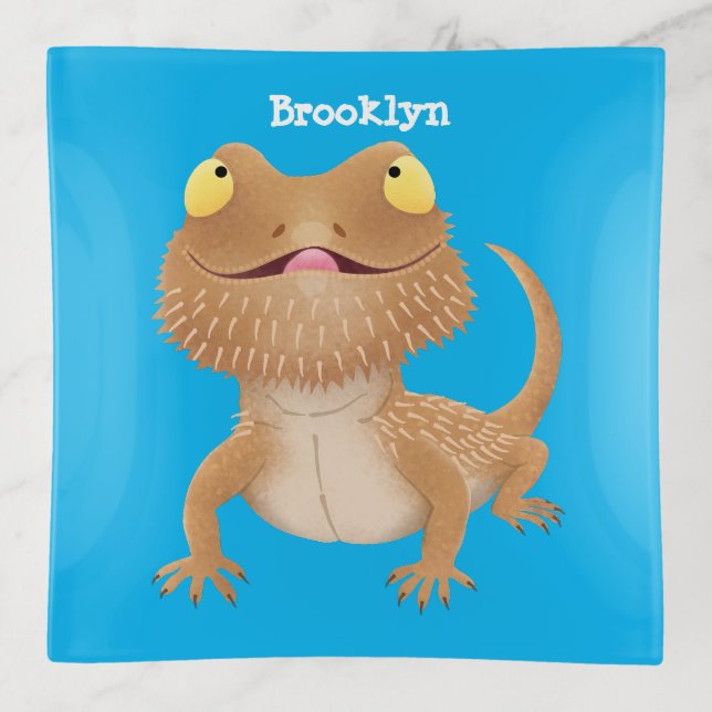 Cute happy bearded dragon lizard cartoon trinket tray (Front)