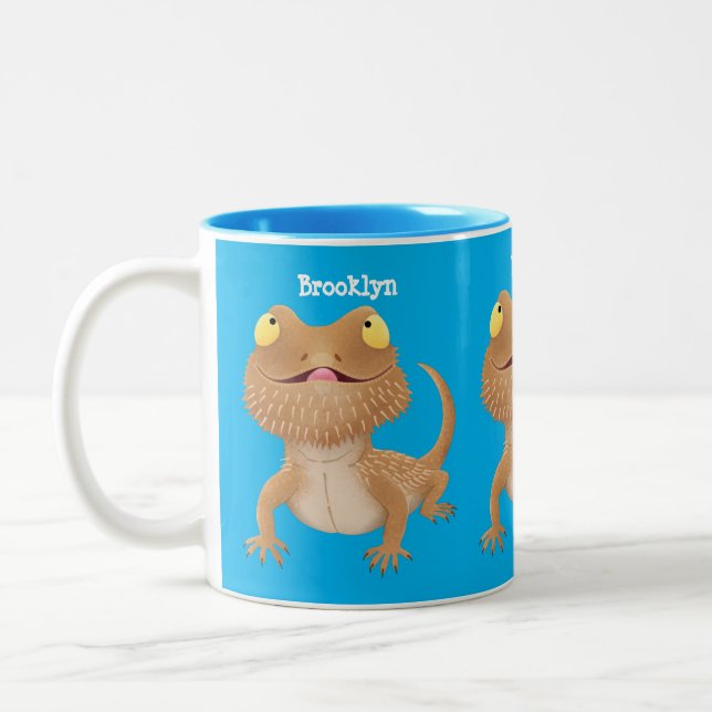 Cute happy bearded dragon lizard cartoon Two-Tone coffee mug (Left)