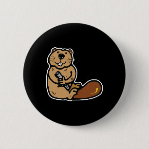 cute happy beaver pinback button