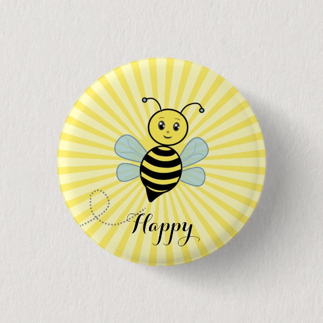Cute happy bee and calligraphy on yellow sun rays button (Front)