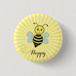 Cute happy bee and calligraphy on yellow sun rays button