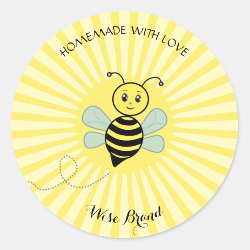 Cute Happy Bee and Sun Rays Homemade Classic Round Sticker