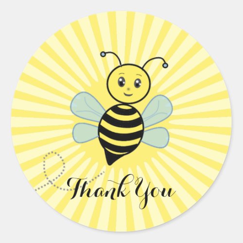 Cute happy bee and sun rays Thank You Classic Round Sticker