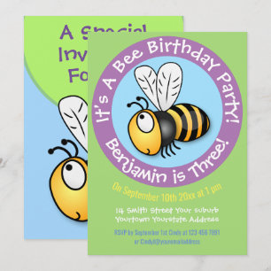 Cute happy bee cartoon illustration 3 years invitation