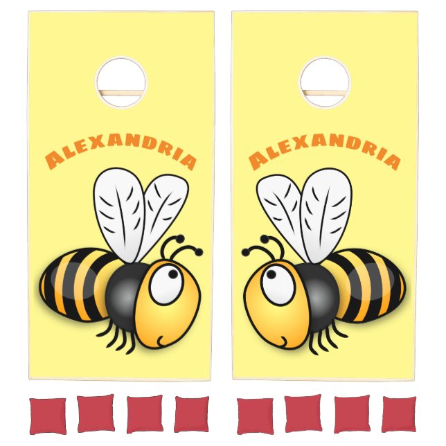 Cute happy bee cartoon illustration cornhole set (Set)