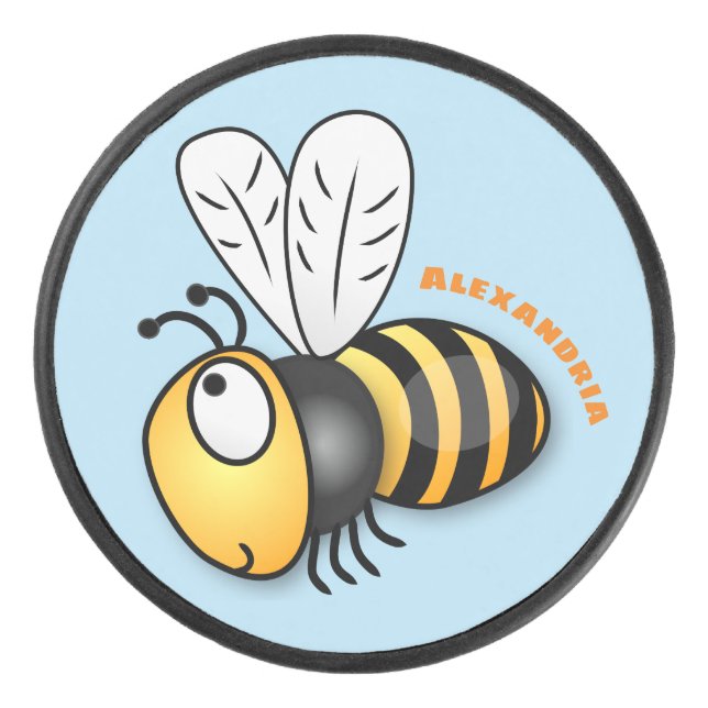 Cute happy bee cartoon illustration hockey puck (Front)