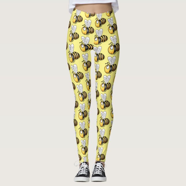 Cute happy bee cartoon illustration leggings (Front)