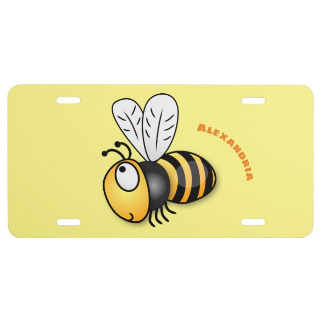Cute happy bee cartoon illustration license plate (Front)