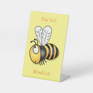 Cute happy bee cartoon illustration pedestal sign