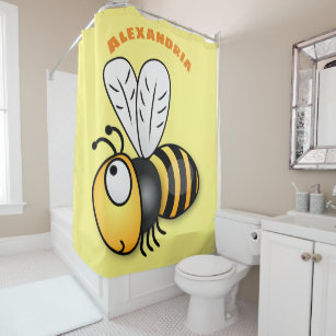 Bumble Bee Shower Curtain, Fluffy Bee with Wings, Yellow Daisy