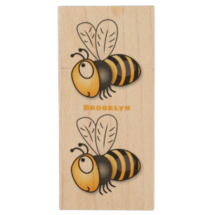 Cute happy bee cartoon illustration wood flash drive