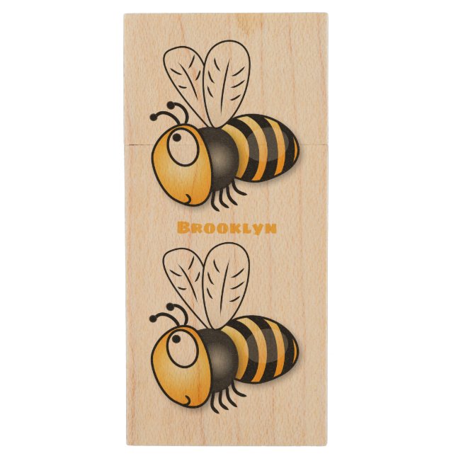 Cute happy bee cartoon illustration wood flash drive (Front Vertical)