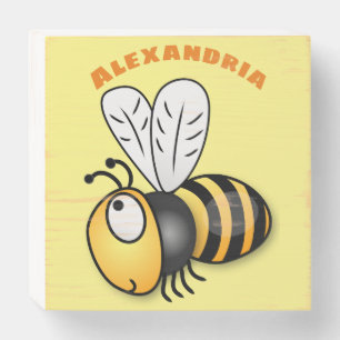 Cute happy bee cartoon illustration wooden box sign