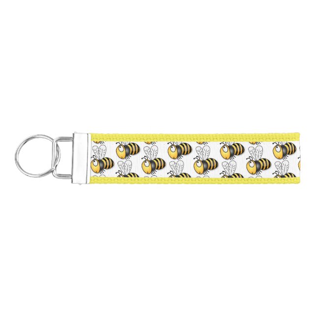 Cute happy bee cartoon illustration wrist keychain (Keys on Left)
