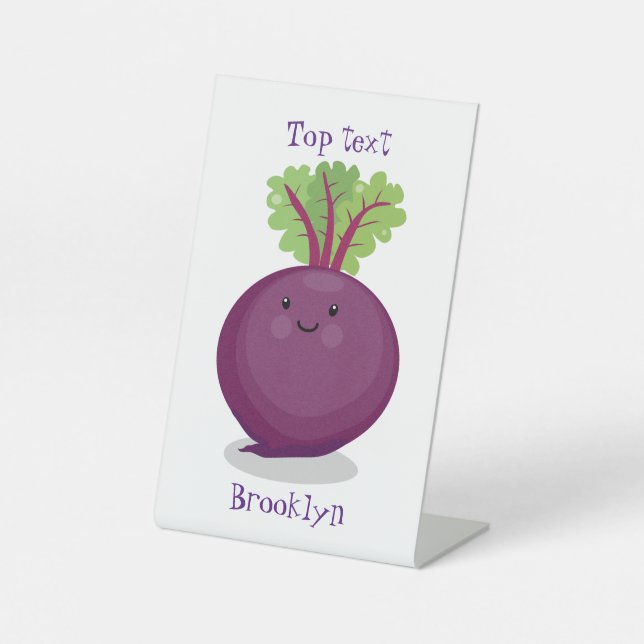 Cute happy beet root kitchen cartoon illustration pedestal sign (Front)
