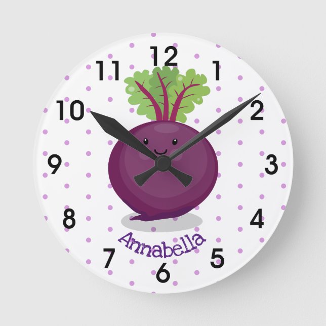Cute happy beet root kitchen cartoon illustration round clock (Front)