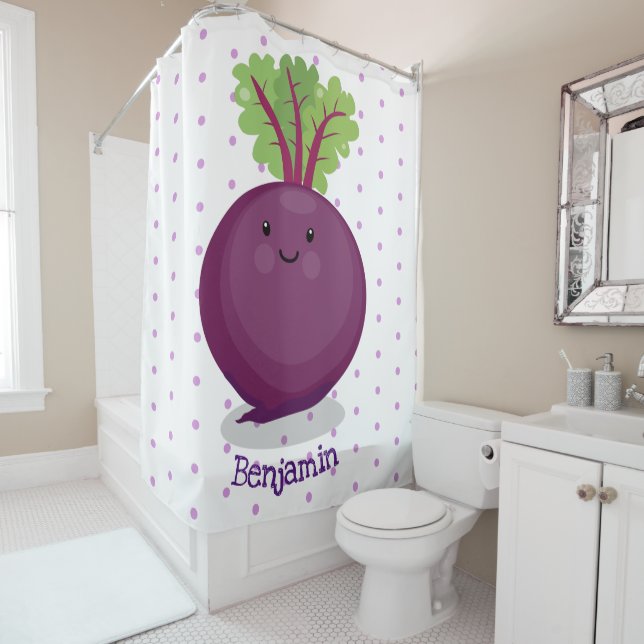 Cute happy beet root kitchen cartoon illustration shower curtain (In Situ)