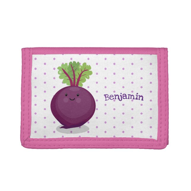 Cute happy beet root kitchen cartoon illustration trifold wallet (Front)