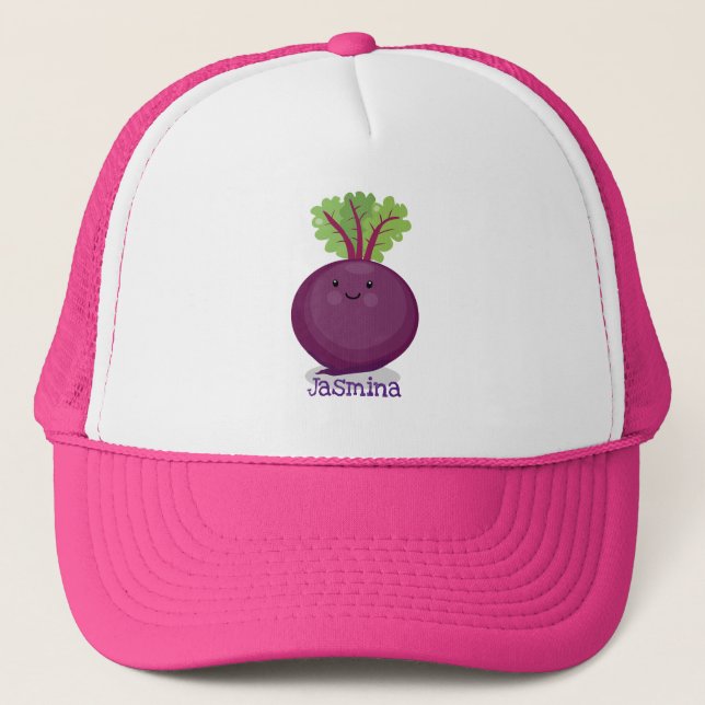 Cute happy beet root kitchen cartoon illustration trucker hat (Front)