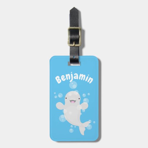 Cute happy beluga whale cartoon illustration luggage tag