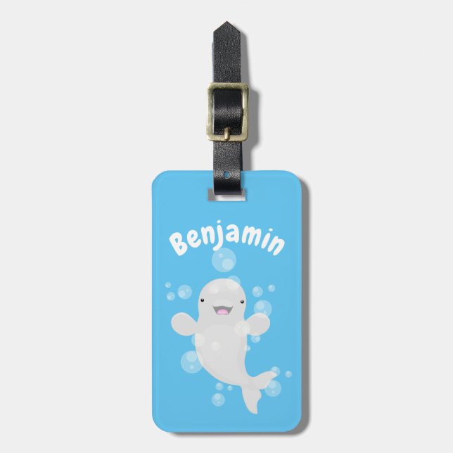 Cute happy beluga whale cartoon illustration luggage tag (Front Vertical)