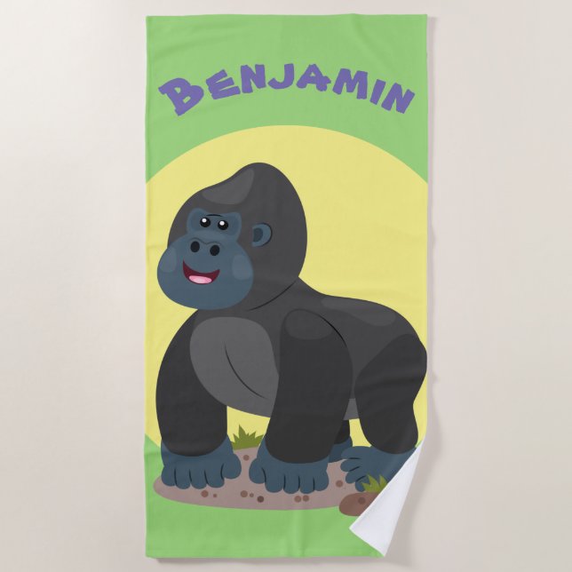 Cute happy big gorilla cartoon illustration beach towel (Front)