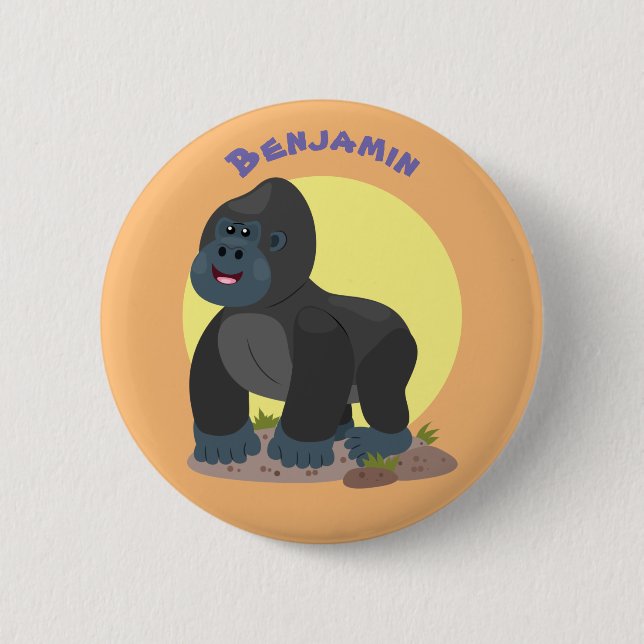 Cute happy big gorilla cartoon illustration button (Front)