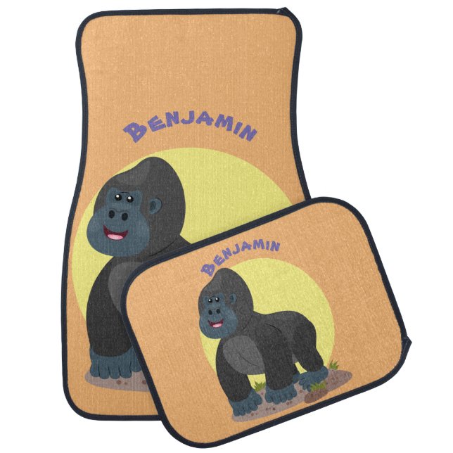 Cute happy big gorilla cartoon illustration car floor mat (Set)