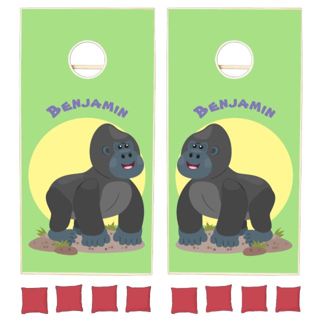 Cute happy big gorilla cartoon illustration cornhole set (Set)