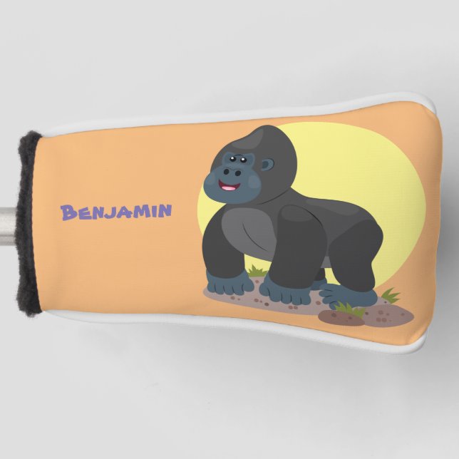 Cute happy big gorilla cartoon illustration golf head cover (Front)