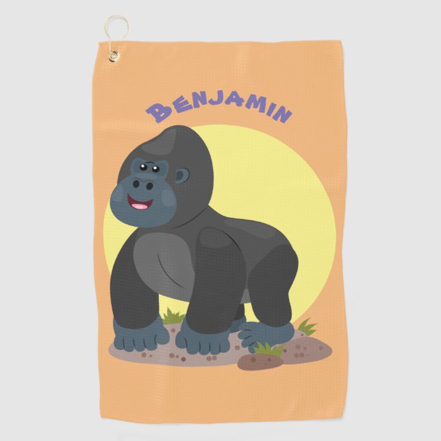 Cute happy big gorilla cartoon illustration  golf towel (Front)