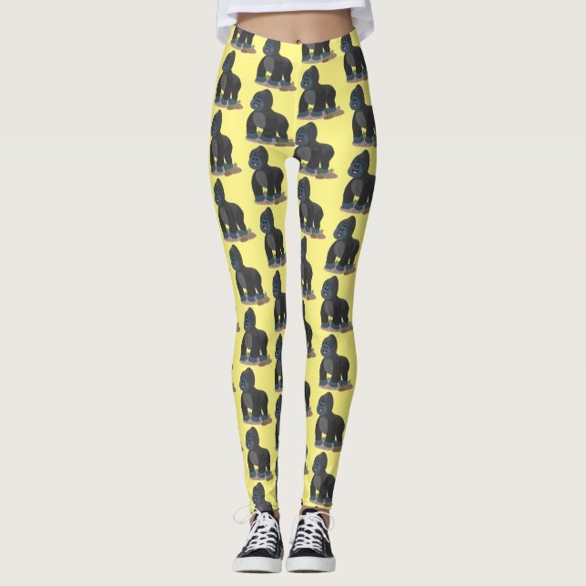 Cute happy big gorilla cartoon illustration leggings (Front)