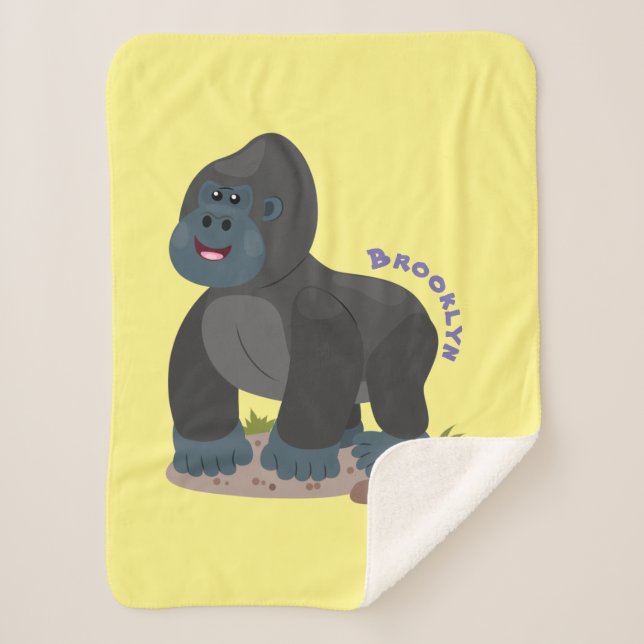 Cute happy big gorilla cartoon illustration  sherpa blanket (Front)