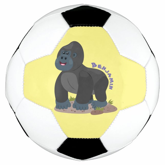 Cute happy big gorilla cartoon illustration soccer ball (Front)