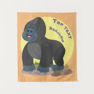 Cute happy big gorilla cartoon illustration tapestry