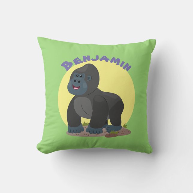 Cute happy big gorilla cartoon illustration throw pillow (Front)