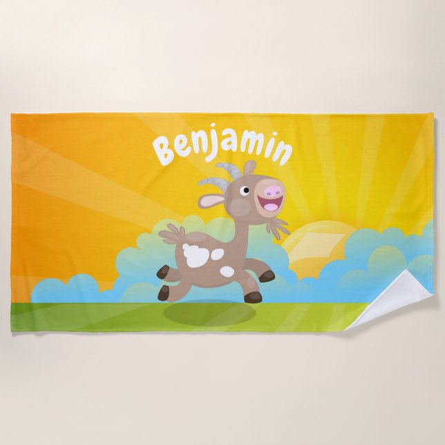 Cute happy billy goat cartoon beach towel (Front)