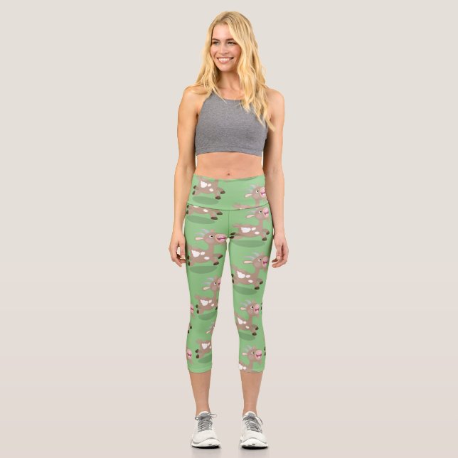 Cute happy billy goat cartoon illustration capri leggings (Front)