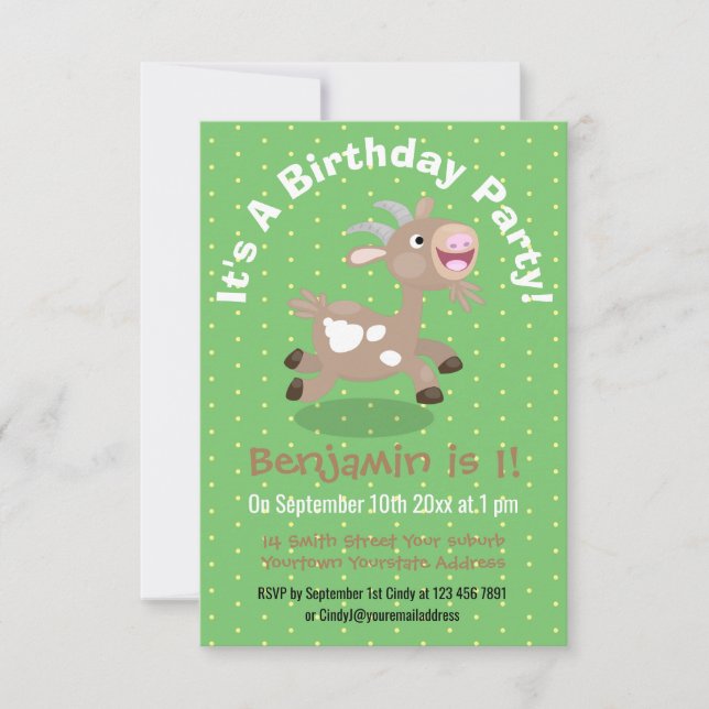 Cute happy billy goat cartoon illustration invitation (Front)