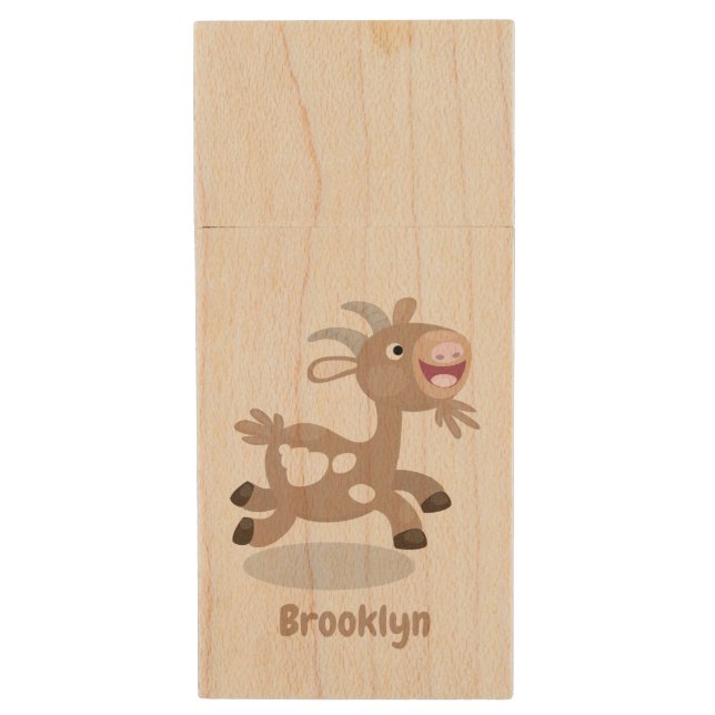Cute happy billy goat cartoon wood flash drive (Front Vertical)
