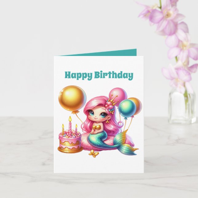 Cute Happy Birthday add message mermaid  Card (Orchid)