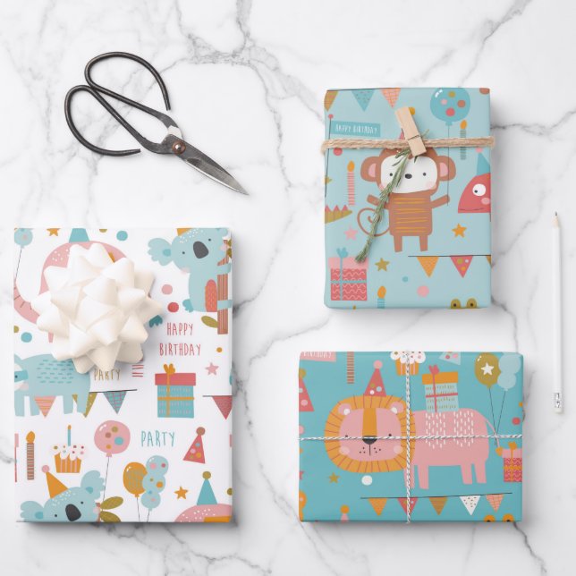 Cute Happy Birthday Animals Koala Lion Sloth Wrapping Paper Sheets (Front)